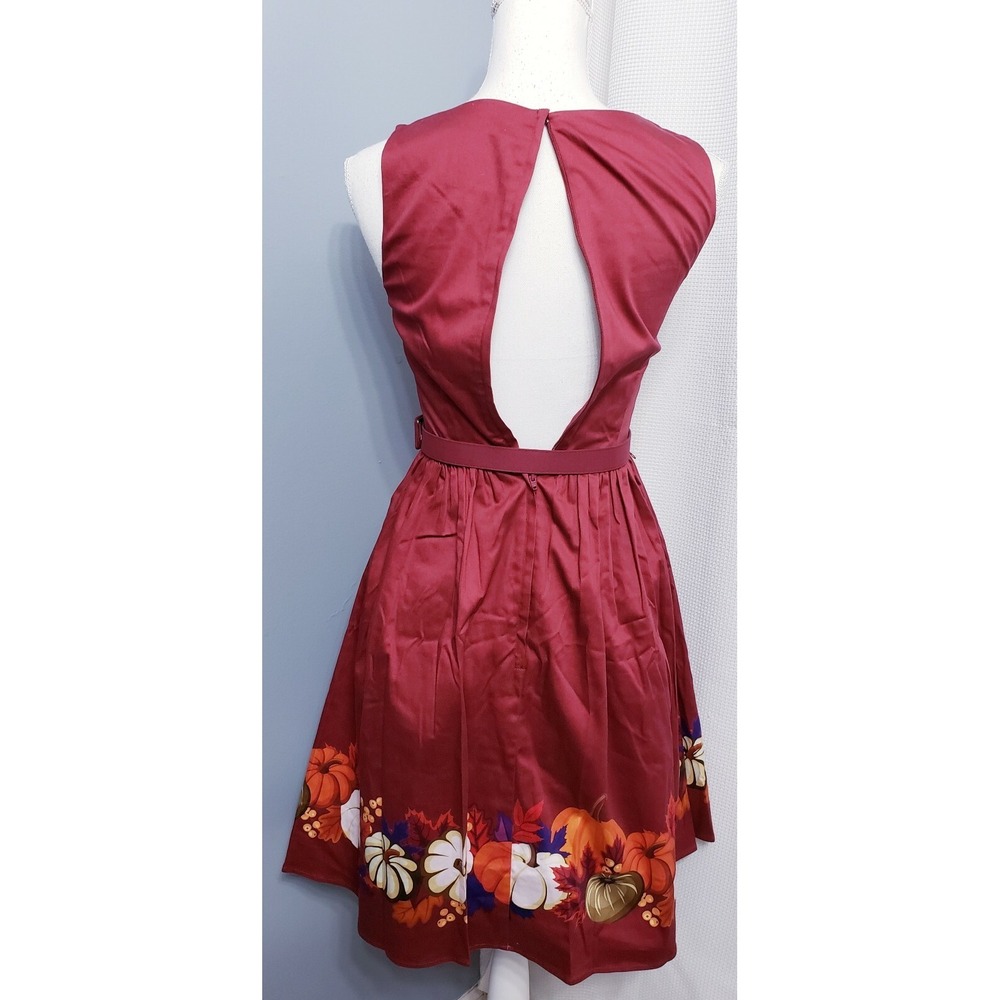 ModCloth Burgundy Pumpkin Print Fit Flare Belted Midi Dress Womans size SMALL - Picture 5 of 7
